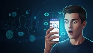 Homem surpreso segurando o celular com a tela do Facebook mostrando visitantes do perfil, cercado por ícones de olhos e segurança digital, representando a descoberta de quem visita seu perfil no Facebook.