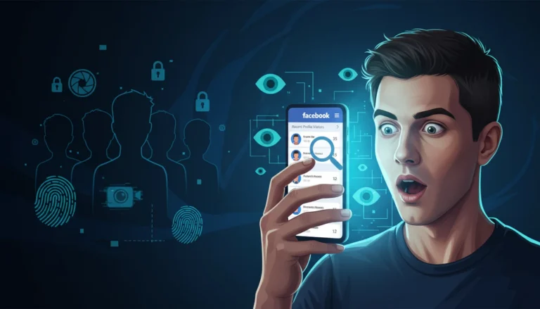 Homem surpreso segurando o celular com a tela do Facebook mostrando visitantes do perfil, cercado por ícones de olhos e segurança digital, representando a descoberta de quem visita seu perfil no Facebook.