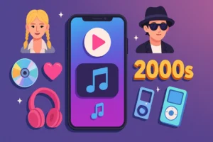 Ilustração colorida com um smartphone ao centro rodeado por ícones musicais dos anos 2000, como CDs, MP3 players, fones de ouvido e avatares estilizados de artistas pop.