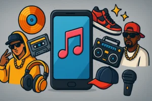 Ilustração colorida em estilo cartoon mostrando um smartphone ao centro cercado por elementos da cultura musical dos anos 2000, como rappers, toca-fitas, fones de ouvido, boombox, tênis e discos de vinil.