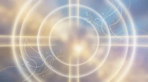 Ilustração abstrata com tons suaves e elementos simbólicos de luz e harmonia, representando espiritualidade, fé e leitura da Bíblia online em um ambiente calmo e inspirador.