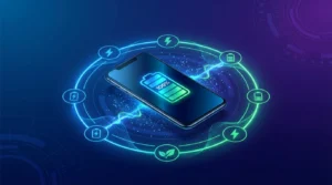 Ilustração de smartphone com bateria cheia indicando 100%, cercado por ícones de economia e otimização de energia, representando aplicativo de otimização de bateria do celular.