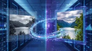 Ilustração de inteligência artificial transformando uma foto em preto e branco em imagem colorida, com efeito tecnológico e elementos digitais indicando animação e processamento por IA.