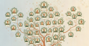 Ilustração mostrando uma árvore genealógica sendo formada a partir de um sobrenome, representando a descoberta da história da família por meio de um aplicativo.