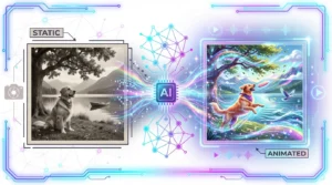 Ilustração mostrando uma foto estática sendo transformada por inteligência artificial em uma imagem animada e colorida, representando app de IA que faz fotos se mexerem.
