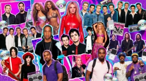 Colagem vibrante com ícones da música dos anos 2000, incluindo artistas pop, rock e hip-hop, como Britney Spears, Beyoncé, Shakira, Linkin Park, Green Day, Jay-Z, Outkast e outros, rodeados por elementos retrô como CDs, iPods, fitas cassete e boomboxes.