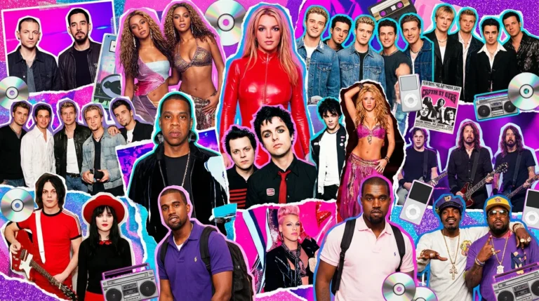 Colagem vibrante com ícones da música dos anos 2000, incluindo artistas pop, rock e hip-hop, como Britney Spears, Beyoncé, Shakira, Linkin Park, Green Day, Jay-Z, Outkast e outros, rodeados por elementos retrô como CDs, iPods, fitas cassete e boomboxes.