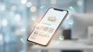 Smartphone flutuando com interface de recuperação de fotos, mostrando imagens reaparecendo na tela e ícones de restauração ao redor, representando um app que recupera fotos apagadas.