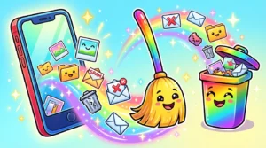 Ilustração colorida mostrando um celular sendo limpo, com arquivos e lixo digital sendo removidos por uma vassoura e jogados em uma lixeira, representando limpeza de memória e otimização do celular.