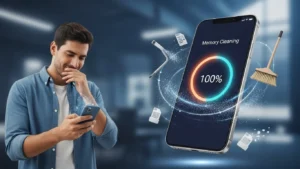 Homem segurando um smartphone enquanto, ao lado dele, um celular grande flutua exibindo uma tela de limpeza de memória com círculo completo marcando 100%, rodeado por ícones digitais de limpeza como pincel, vassoura e arquivos sendo removidos.