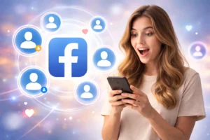 Pessoa usando smartphone enquanto ícones de perfis e conexões aparecem ao redor, representando aplicativos que analisam interações e visitantes do perfil no Facebook.