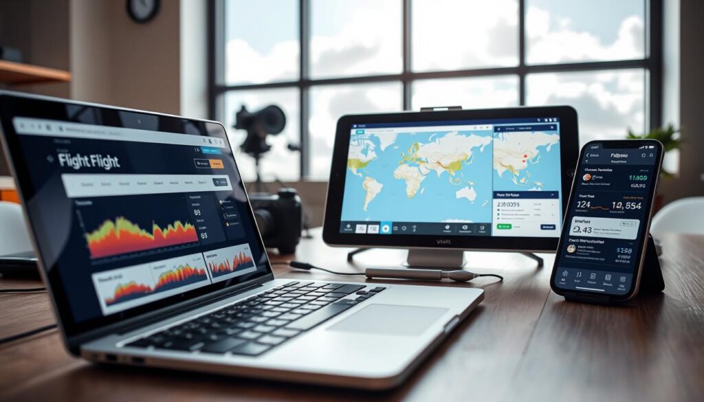 A close-up view of a modern workspace featuring multiple digital devices displaying flight price monitoring tools. In the foreground, a sleek laptop with an open webpage showcasing vibrant graphs and alerts for cheap flight deals. To the side, a smartphone with a flight tracking app displayed in an eye-catching interface. The middle ground includes a tablet showing a map with pinned flight destinations and price comparisons. In the background, a large window reveals a bright sky with clouds, suggesting travel and opportunities. The workspace is well-lit with natural light streaming in, creating an inviting and productive atmosphere. Capture this scene from a slightly elevated angle to emphasize the technology and focus on automation in flight price monitoring.