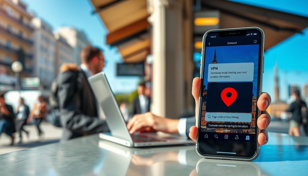 A digital security concept for travelers, showcasing a person in professional business attire sitting at a café, working on a laptop. In the foreground, a smartphone displays a temporary email and VPN app open, symbolizing strategies to protect sensitive information. The middle ground features an urban environment, with blurred images of a busy city street and fellow travelers, emphasizing the unpredictability of digital threats while traveling. The background highlights iconic travel landmarks under a clear blue sky, setting a positive mood. Soft natural lighting illuminates the scene, creating a sense of focus and alertness. The image should evoke a sense of caution and preparedness in the realm of digital security.