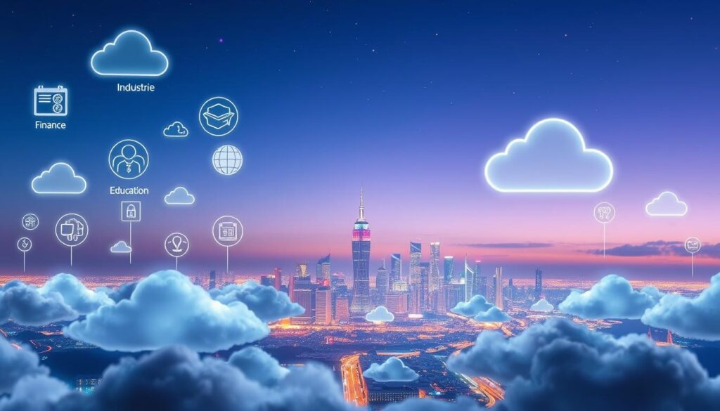 A futuristic digital landscape showcasing specialized cloud platforms tailored for various sectors. In the foreground, translucent icons representing industries like healthcare, finance, and education float above sleek, interconnected cloud nodes. The middle layer features a vibrant city skyline, illuminated by dynamic neon lights, indicating technological advancement. In the background, a soothing gradient sky transitions from deep blue to purple, punctuated by stars and abstract data streams. The atmosphere is one of innovation and growth, radiating optimism and professionalism. The lighting is crisp, with soft glows emanating from the cloud nodes, casting gentle reflections on the city surface. Use a wide-angle lens effect to capture the expansive vision of the future. No text or human figures included.