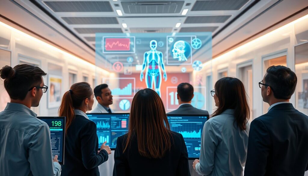 A modern healthcare setting showcasing artificial intelligence and big data in health monitoring. In the foreground, a diverse team of professionals in business attire analyzes real-time health data on digital screens, displaying vibrant graphs and metrics. In the middle ground, a transparent screen projects 3D anatomical models and AI interfaces, symbolizing advanced technology integration. The background features a sleek hospital environment, with soft, warm lighting that enhances the sense of innovation and collaboration. The atmosphere is one of optimism and progress, reflecting the future of well-being through technology. The image captures the excitement of AI's role in health, emphasizing a harmonious blend of technology and human expertise.