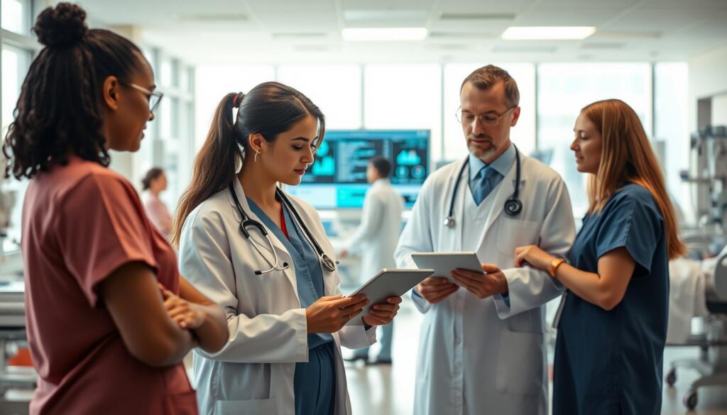 A modern hospital environment featuring AI medical scribes actively assisting healthcare professionals. In the foreground, a diverse group of medical staff, including a nurse and a doctor in professional attire, are engaged in a discussion while reviewing digital notes on a tablet. In the middle ground, an AI interface can be seen on a screen, displaying patient data and notes. The background shows a busy hospital ward with patients and medical equipment, illuminated by soft, natural light coming from large windows. The atmosphere conveys innovation and teamwork, focusing on reducing burnout in medical professions through the integration of technology. Employ a shallow depth of field to emphasize the foreground subjects, while maintaining clarity in the background hospital scene. A modern hospital environment featuring AI medical scribes actively assisting healthcare professionals. In the foreground, a diverse group of medical staff, including a nurse and a doctor in professional attire, are engaged in a discussion while reviewing digital notes on a tablet. In the middle ground, an AI interface can be seen on a screen, displaying patient data and notes. The background shows a busy hospital ward with patients and medical equipment, illuminated by soft, natural light coming from large windows. The atmosphere conveys innovation and teamwork, focusing on reducing burnout in medical professions through the integration of technology. Employ a shallow depth of field to emphasize the foreground subjects, while maintaining clarity in the background hospital scene.