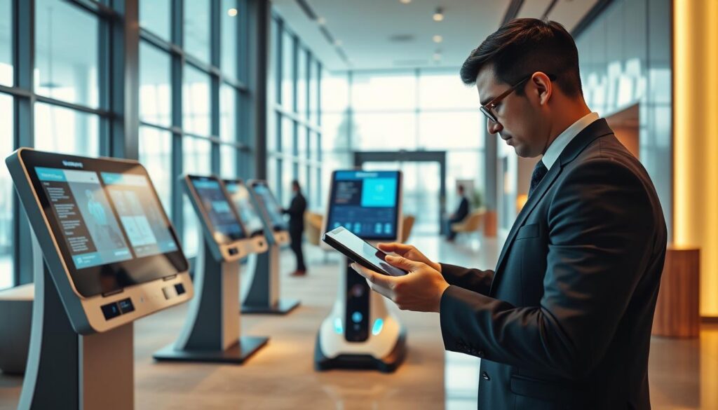 A modern hotel lobby featuring advanced digital check-in and check-out kiosks, surrounded by sleek, minimalist decor and smart technology. In the foreground, a professional-looking hotel staff member in business attire assists a guest using a tablet, demonstrating a seamless digital experience. The middle ground showcases several high-tech displays with information and interactive interfaces, while a digital concierge robot is prominently displayed. The background reveals large glass windows with natural light flooding in, creating a welcoming atmosphere. Soft ambient lighting highlights the modern design elements, evoking a sense of innovation and comfort. The overall mood is futuristic and efficient, emphasizing automation and connectivity in hospitality.