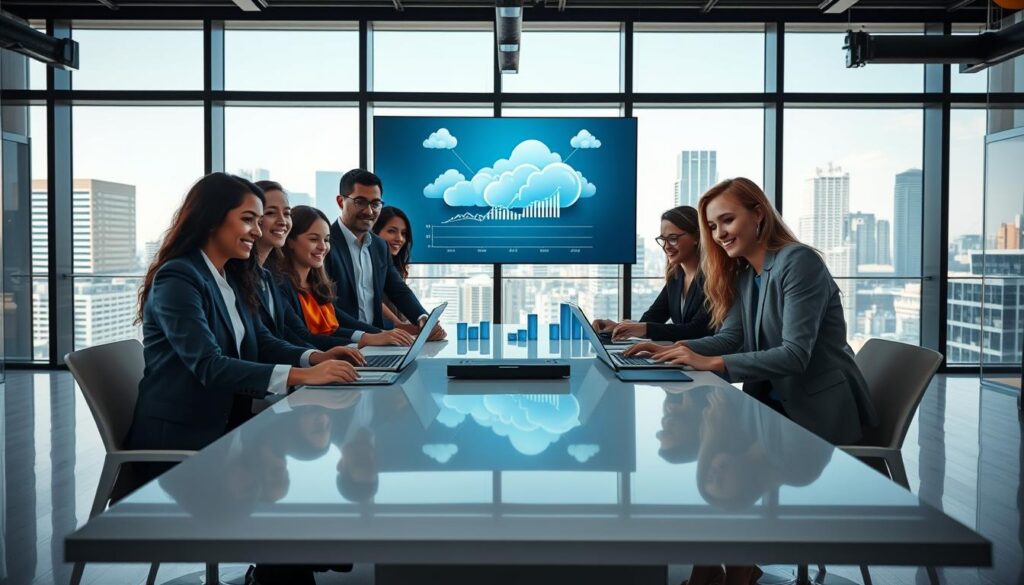 A modern office environment showcasing the advantages of cloud services for businesses. In the foreground, a diverse group of professionals in smart business attire collaborate around a sleek table with laptops and digital devices, smiling and engaged in discussion. The middle layer features a large screen displaying dynamic graphs and cloud icons, symbolizing growth and innovation. In the background, large windows reveal a vibrant city skyline. Soft, bright lighting enhances the atmosphere, creating an inspiring and productive mood. Use a mid-angle perspective to capture the teamwork and technology, emphasizing connectivity and collaboration in a digital age. No text or branding elements should be present.