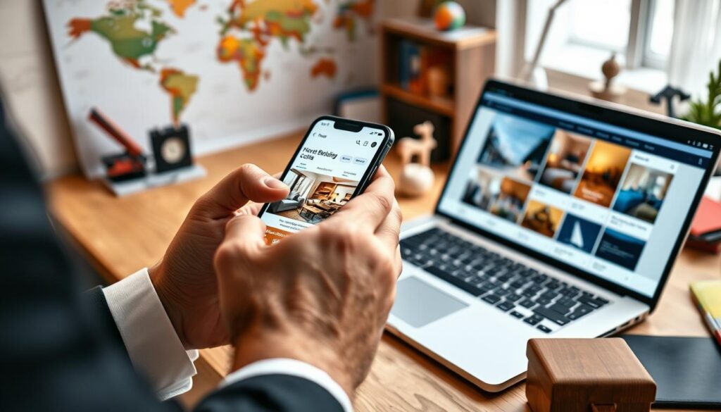 A modern, sleek smartphone displaying a user-friendly hotel booking app on its screen, prominently featuring images of cozy accommodation options. In the foreground, a well-dressed professional is tapping on the phone, deeply engaged with the app. The middle ground includes an open laptop showing travel and accommodation websites, symbolizing convenience and choice. The background features a vibrant travel-themed workspace with a world map, travel guides, and decorative items, enhancing the travel motif. Soft, warm lighting creates an inviting atmosphere, while a slight depth of field focuses on the phone and the user, evoking a sense of efficiency and professionalism in travel planning.
