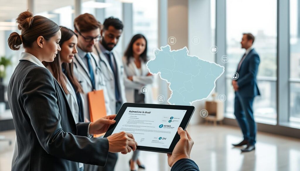 A professional setting representing the regulation of telemedicine in Brazil. In the foreground, a diverse group of healthcare professionals dressed in business attire, engaged in a discussion around a digital tablet displaying a regulatory document. In the middle ground, a large map of Brazil with highlighted areas showing telemedicine implementation, surrounded by icons symbolizing digital health technology like stethoscopes and smartphones. The background features a modern office environment with large windows and natural light illuminating the scene, giving a sense of openness and innovation. The mood is collaborative and forward-thinking, emphasizing professionalism and the evolving landscape of healthcare regulation.
