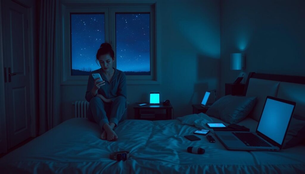 A serene, dimly lit bedroom showcasing the impact of technology on sleep quality. In the foreground, a person in modest sleepwear sits on the edge of a neatly made bed, looking at a smartphone with a concerned expression. The middle ground features a bedside table cluttered with various devices like a tablet, smartwatch, and a laptop, all emitting a faint, distracting blue light. In the background, a window reveals a starry night sky, contrasting with the glowing screens inside. Soft shadows fall across the room, creating a moody atmosphere that highlights the tension between technology and restful sleep. The composition should evoke feelings of anxiety and contemplation, emphasizing the potential risks technology poses to sleep quality.