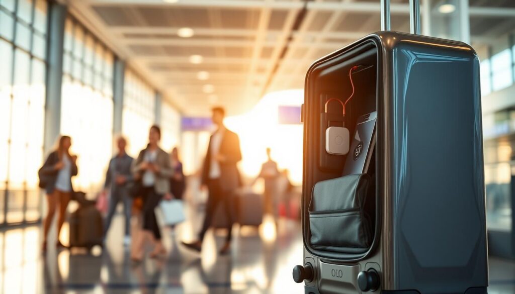 A sleek, modern smart suitcase stands prominently in the foreground, showcasing advanced features like built-in charging ports and digital locks. The suitcase, made of a high-tech material with a glossy finish, is partially open, revealing a well-organized interior with electronic gadgets peeking out. In the middle ground, an airport scene unfolds, with blurred travelers bustling around, some glancing at the suitcase with interest. The background features an airport terminal with large windows, letting in warm, natural sunlight that creates a bright and inviting atmosphere. The scene is captured with a soft focus effect, evoking a sense of innovation and ease in travel. Use a wide-angle lens perspective to enhance the modern feel and highlight the smart suitcase as the centerpiece.