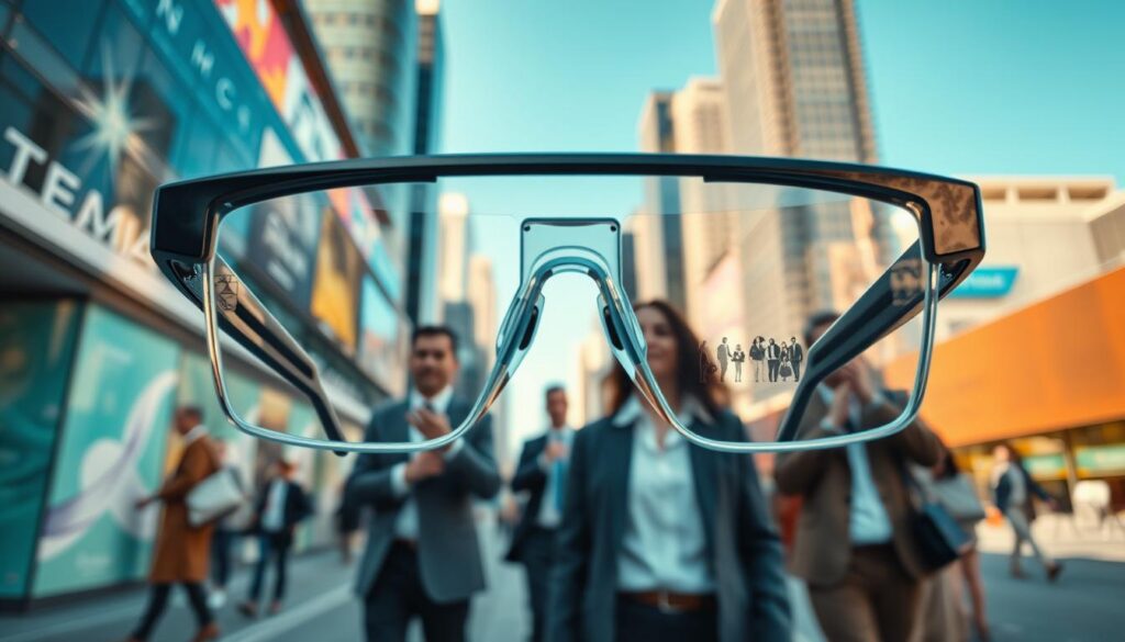 A sleek pair of augmented reality glasses, prominently displayed in the foreground, showcasing a futuristic design with a lightweight frame and transparent lenses. The glasses reflect a vibrant urban scene, filled with people engaged in various activities. In the middle ground, a diverse group of individuals, dressed in professional business attire, are using their AR glasses to interact with digital information seamlessly integrated into their surroundings. The background features a modern cityscape with advanced technology elements, such as digital billboards and smart buildings, under a clear blue sky. Use soft, natural lighting to create an inviting atmosphere, capturing the essence of innovation and technology in daily life, with a warm, optimistic mood. The angle should be slightly above eye level, providing a dynamic perspective that emphasizes the glasses as the focal point.