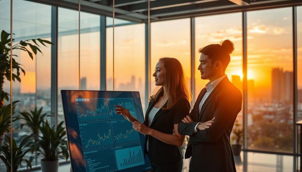 A vibrant scene depicting various safeguarded professions from artificial intelligence replacement, set in a modern office environment. In the foreground, a diverse group of professionals—two women and a man—are collaborating over a large digital screen displaying graphs and charts. They wear smart business attire, emphasizing their expertise. In the middle ground, a transparent glass wall showcases a workspace filled with advanced technology and plants, conveying a harmonious blend of nature and innovation. In the background, large windows reveal a city skyline at sunset, with warm golden light bathing the scene, evoking a sense of hope and progress. Soft shadows create depth, while a slight lens blur adds focus to the professionals, enhancing the vibrant mood of teamwork and creativity in a world where human skills thrive alongside AI.