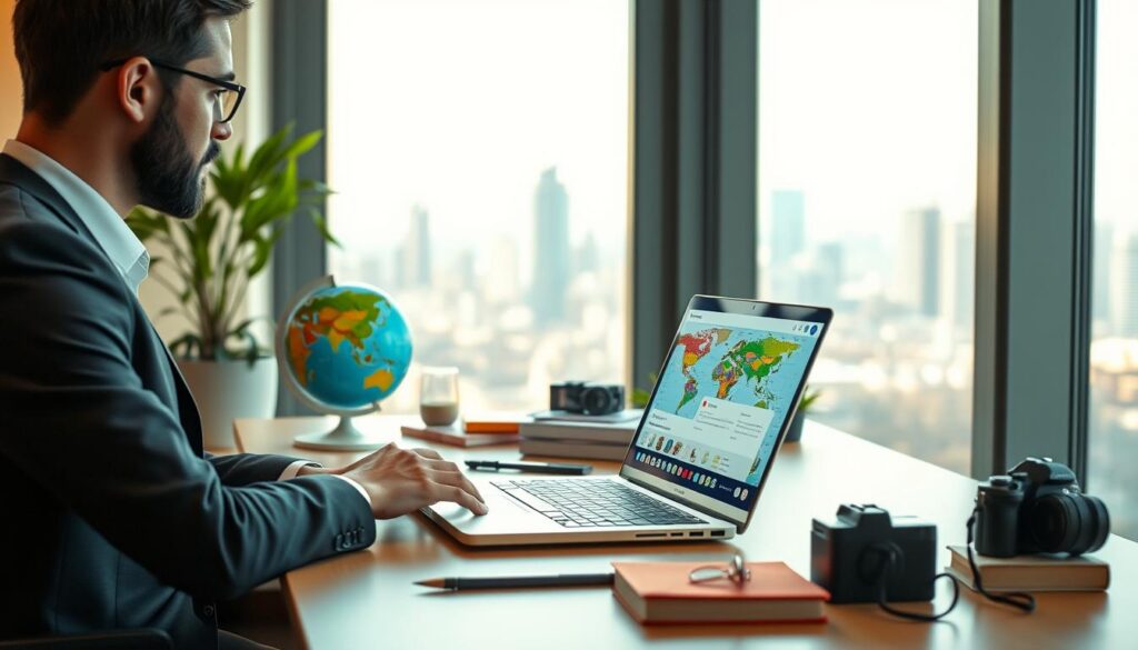 A vibrant workspace scene showing a person in professional business attire, seated at a modern desk with a laptop open, generating a personalized travel itinerary using AI tools like ChatGPT and Gemini. In the foreground, display the laptop screen filled with colorful maps, travel icons, and itinerary suggestions. In the middle ground, various travel accessories like a globe, travel books, and a camera are arranged neatly. The background features a large window with a bright, sunny view of a city skyline, conveying a sense of global exploration. Soft, natural light illuminates the space, creating an inspiring and productive atmosphere, captured from a slightly elevated angle to emphasize the workspace.