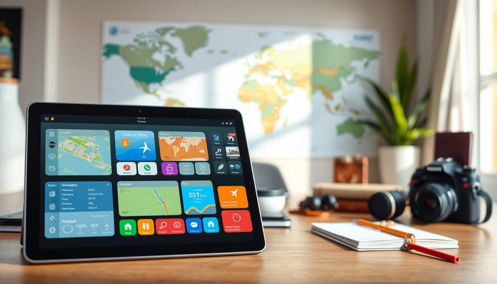 A visually appealing composition showcasing various travel planning applications integrated together on a sleek digital tablet. In the foreground, the tablet displays vibrant, colorful app interfaces for itinerary management, hotel bookings, and route planning, featuring icons like maps, calendars, and flight details. The middle ground highlights a stylish workspace setting, with a world map on the wall and travel essentials like a passport, camera, and notebook scattered around. In the background, soft natural light streams in through a window, creating a warm and inviting atmosphere. The scene captures a sense of organization and efficiency, ideal for a streamlined travel experience, evoking feelings of excitement and anticipation for future adventures.