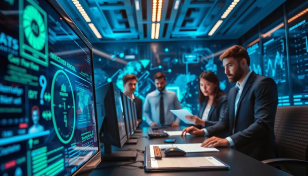 A visually striking representation of "Deepfake and AI technology." In the foreground, a close-up of a computer screen displaying a sophisticated AI interface with deepfake creation tools, glowing in blue and green hues. In the middle ground, a diverse group of professionals in business attire analyze data on holographic displays, their expressions focused and concerned. The background features a high-tech cybersecurity control room, illuminated by soft LED lights, with abstract digital patterns symbolizing data flow and security breaches. The atmosphere conveys urgency and innovation, with a cinematic angle capturing the depth of the room. The lighting is dramatic, emphasizing the tension in the scene, underscoring the pressing implications of deepfake technology in cybersecurity for 2026.