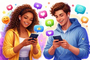 Imagem em formato 16:9 mostrando duas pessoas sorrindo enquanto usam smartphones para conversar, com ícones coloridos de chat, curtidas e emojis flutuando ao redor, representando aplicativo de bate papo grátis e conexão global pelo celular.