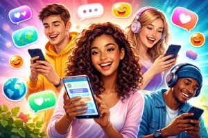 Grupo de jovens sorrindo enquanto usam aplicativo de bate papo grátis no celular, com emojis coloridos e fundo vibrante representando conversas online globais. 💬🌍