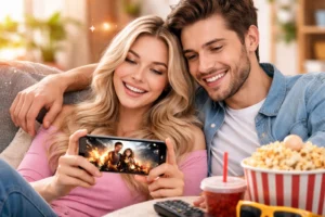 Casal assistindo filme pelo celular em casa usando aplicativo para assistir filmes online.