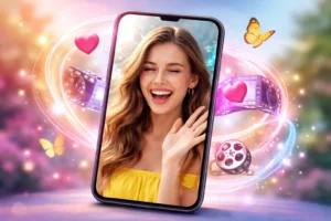 Pessoa sorrindo em foto animada no celular, representando aplicativo de IA que faz fotos se mexerem e ganharem movimento.