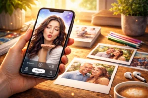 Pessoa segurando smartphone exibindo foto animada com efeito de movimento enquanto fotos impressas estão espalhadas sobre a mesa, representando o uso de Aplicativos de IA que anima fotos para transformar imagens estáticas em vídeos dinâmicos. 📱✨