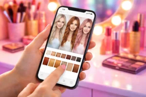 Pessoa segurando smartphone com aplicativo de simulação capilar aberto, mostrando diferentes cores vibrantes de cabelo na tela, em frente a uma penteadeira iluminada com maquiagem e luzes coloridas ao fundo, representando apps para testar cabelos diferentes 💇✨