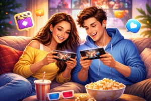 Casal sorrindo no sofá assistindo filmes pelo celular, com pipoca e ícones de entretenimento ao redor, representando assistir filmes grátis pelo celular com aplicativos de streaming.