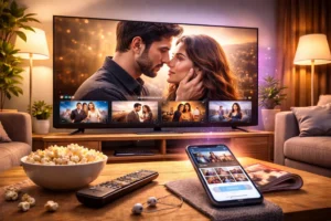 Sala aconchegante com Smart TV exibindo cena romântica de novela turca, enquanto celular na mesa mostra aplicativo de streaming, representando assistir novela turca grátis pelo celular ou TV. 📺📱