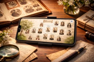 Smartphone exibindo aplicativo de árvore genealógica com fotos antigas conectadas em formato de árvore, sobre mesa com documentos e álbum de família ao redor. 🌳📱