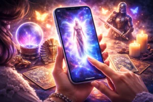 Ilustração mística de mulher segurando smartphone com figura espiritual brilhante na tela, cercada por elementos históricos e cósmicos, representando a descoberta de quem foi em outra vida pelo celular.