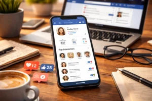 Smartphone sobre mesa exibindo aplicativo de análise do Facebook com estatísticas de engajamento e interações, ao lado de notebook, café e óculos. 📱📊