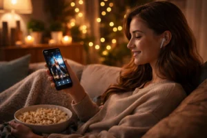 Mulher relaxando no sofá em ambiente aconchegante, assistindo filme no smartphone com fones de ouvido e tigela de pipoca, representando assistir filmes grátis pelo celular. 🎬📱🍿