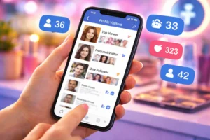 Pessoa segurando smartphone com aplicativo de análise de perfil aberto na tela, exibindo métricas de interações, seguidores e atividades recentes, representando monitoramento de visitas no Facebook e análise de engajamento em redes sociais 👀📱