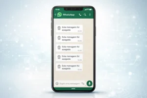 Celular exibindo interface de conversa no estilo WhatsApp com várias mensagens marcadas como apagadas, sobre fundo clean com elementos tecnológicos sutis.