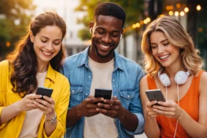 Três jovens sorrindo ao ar livre enquanto usam seus smartphones, em um ambiente urbano com luzes ao fundo, representando conexão e conversa online.