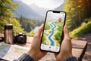 Pessoa segurando celular com mapa GPS offline aberto, mostrando rota e destino, em cenário de montanha com natureza ao fundo e itens de viagem sobre a mesa.
