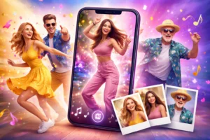 Pessoa dançando saindo da tela de um smartphone enquanto fotos impressas ao lado mostram os rostos originais, representando App de IA para animar fotos que transforma imagem em vídeo animado.