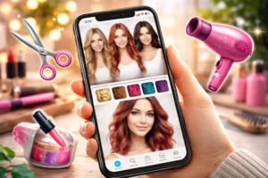Pessoa segurando um smartphone com aplicativo de simulação de cabelo exibindo diferentes cores e estilos, com itens de beleza ao redor como tesoura, secador e tintas.