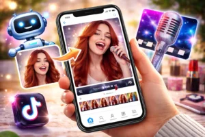 Pessoa segurando um smartphone com app de inteligência artificial que anima fotos, mostrando um rosto em movimento, com elementos visuais de vídeo, música e redes sociais ao redor.